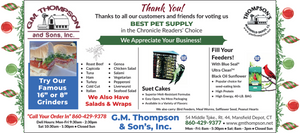 🎄 Make GM Thompson’s a Holiday Stop for the Whole Family! 🎄

We’re honored to be voted Best Pet Supply Store—and we’re ready to make your pets’ holidays extra special! 🐾 Stock up on their favorites, plus suet cakes and bird seed for your feathered friends.

While you're here, treat yourself to one of our famous 16" or 8" Grinders, or enjoy a fresh salad or wrap! 🥖🥗

Let’s make the season merry and delicious—see you soon! ✨