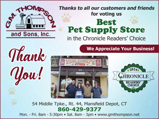 GM Thompson and Sons, Inc. thank their customers for voting them Best Pet Supply Store in the Chronicle Readers' Choice Awards. The image includes a 'Thank You' message, a photo of the store with staff standing outside, and the Chronicle Readers' Choice 2024 badge. The store address is 54 Middle Turnpike, Route 44, Mansfield Depot, CT, with business hours listed as Monday-Friday 8am-5:30pm and Saturday 8am-3pm. The phone number is 860-429-9377, and the website is www.gmthompson.net.